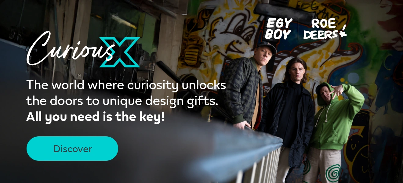 ROE DEERS and EGYBOY standing in grafitti background and the text The world where curiosity unlocks the doors to unique design gifts. All you need is the key! And the button Discover.