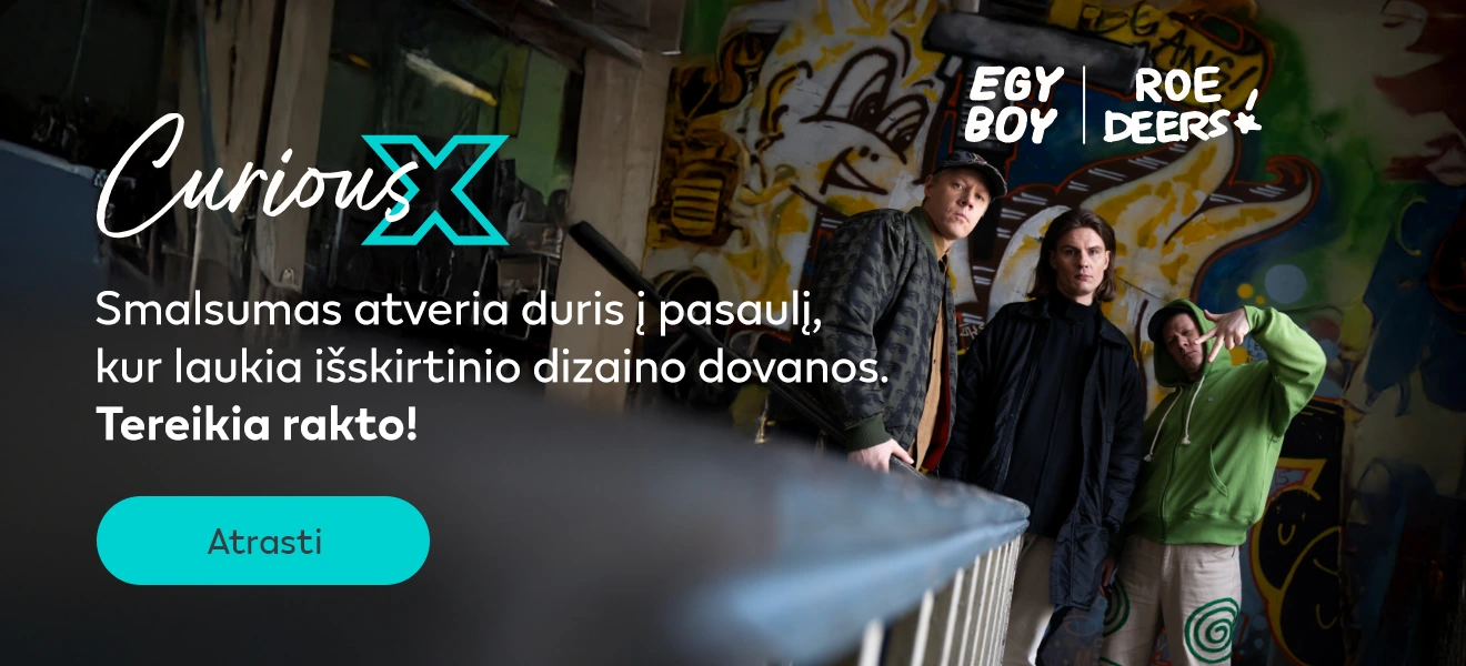 ROEDEERS ir EGYBOY stovintys grafiti fone ir tekstas: „Smalsumas atveria duris į pasaulį, kur laukia išskirtinio dizaino dovanos. Tereikia rakto!” Ir mygtukas Atrasti.
