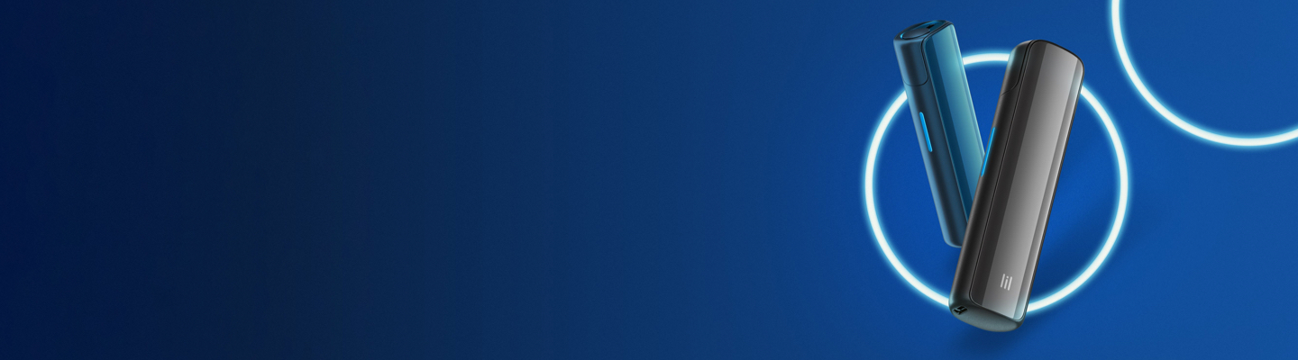 lil SOLID Cosmic Blue and Stone Grey devices on blue background with neon circles