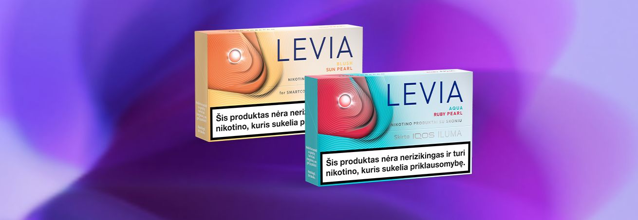 Du naujų nikotino produktų pakuočių vaizdai – oranžinės ir žalsvai mėlynos spalvos – pateikti purpurinio gradiento fone.