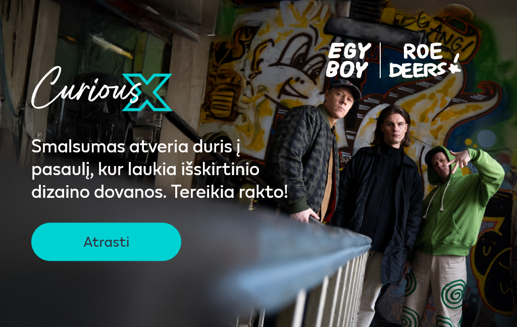 ROEDEERS ir EGYBOY stovintys grafiti fone ir tekstas: „Smalsumas atveria duris į pasaulį, kur laukia išskirtinio dizaino dovanos. Tereikia rakto!” Ir mygtukas Atrasti.