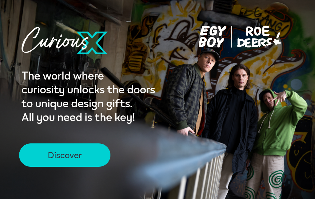ROE DEERS and EGYBOY standing in grafitti background and the text The world where curiosity unlocks the doors to unique design gifts. All you need is the key! And the button Discover.