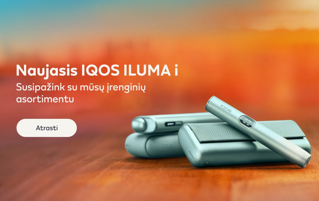Visi IQOS ILUMA i serijos įrenginiai oranžiniame neryškiame fone su užrašu „Naujasis IQOS ILUMA i. Susipažink su mūsų įrenginių asortimentu“ ir mygtuku „Atrasti“.