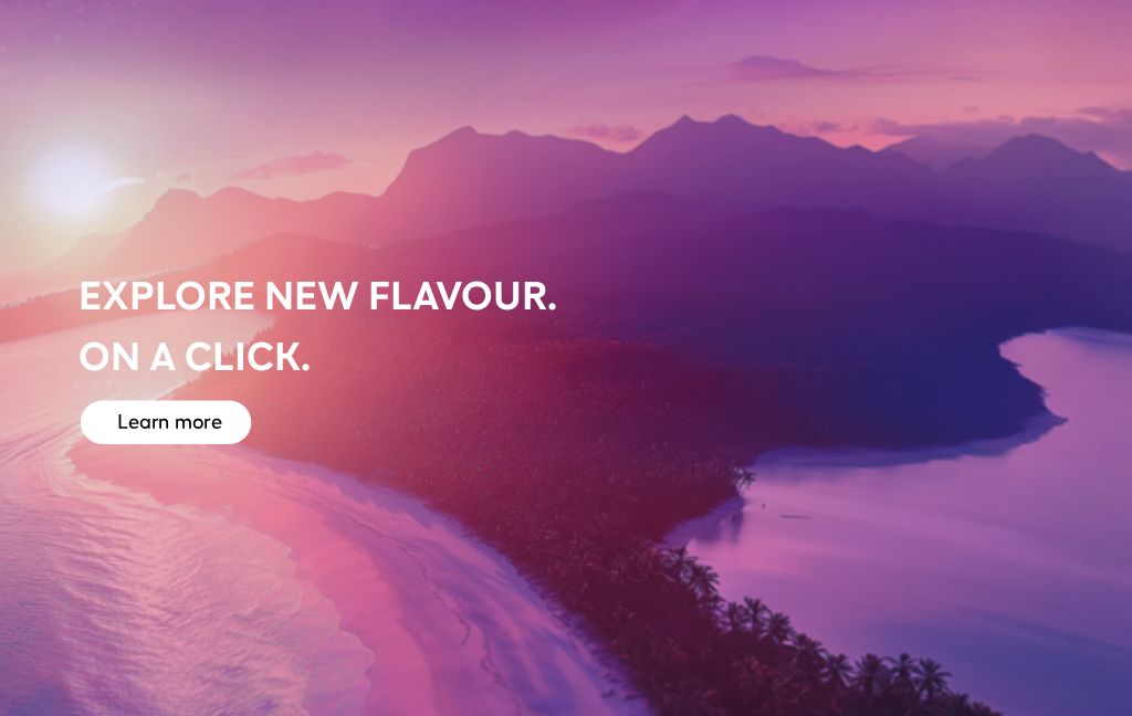 Landscape of the setting sun over the hills and the sea coast with the palms with a text "Explore new flavour. With a click" and a button "Learn more."