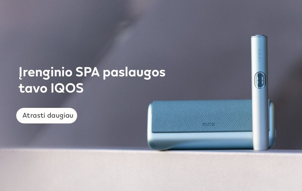 IQOS ILUMA i PRIME Breeze blue spalvos laikiklis ir kišeninis įkroviklis pilkame fone su užrašu „Įrenginio SPA paslaugos tavo IQOS“ ir mygtuku „Atrasti daugiau“.