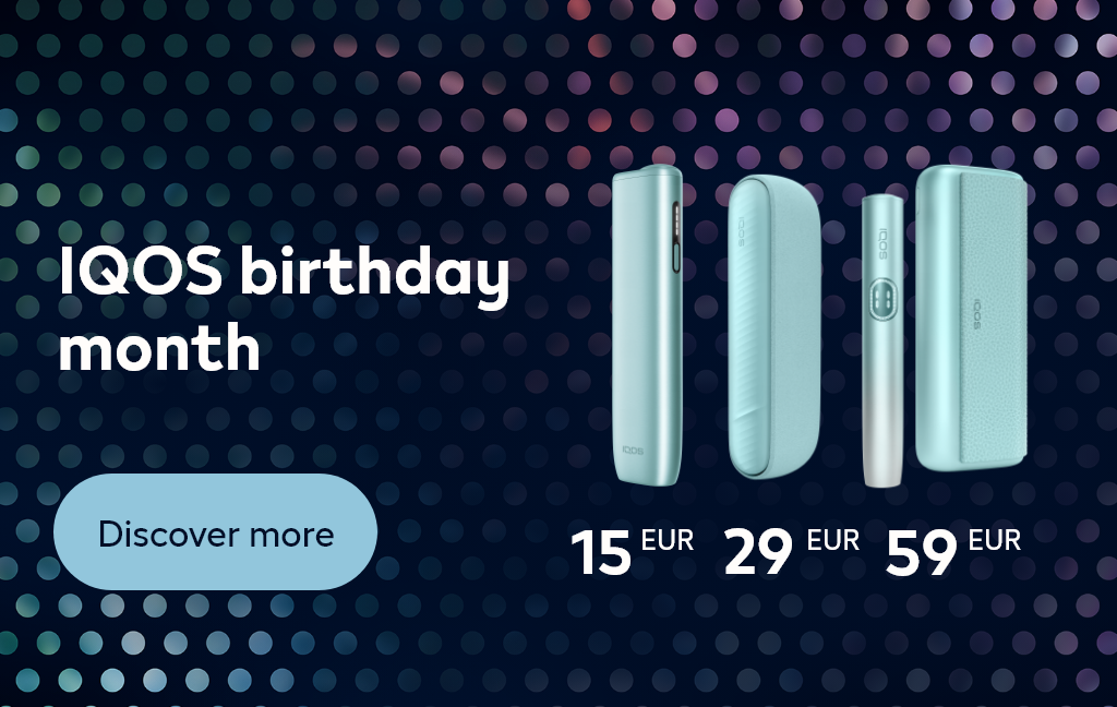 Dark dotted background, headline ‘IQOS birthday month,’ three IQOS devices with prices 15 EUR, 39 EUR, and 59 EUR, and a button ‘Discover more.