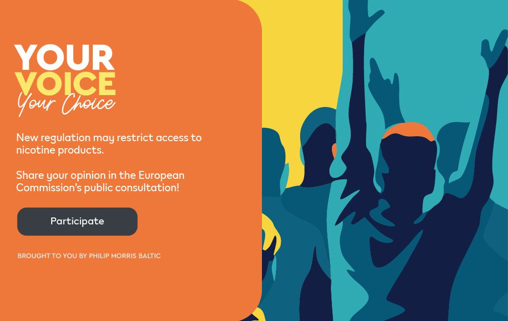 Crowd silhouettes with raised hands on a colorful background, message “Your Voice, Your Choice” about potential EU regulation on nicotine products and an invitation to participate in a European Commission public consultation, with a “Participate” button.