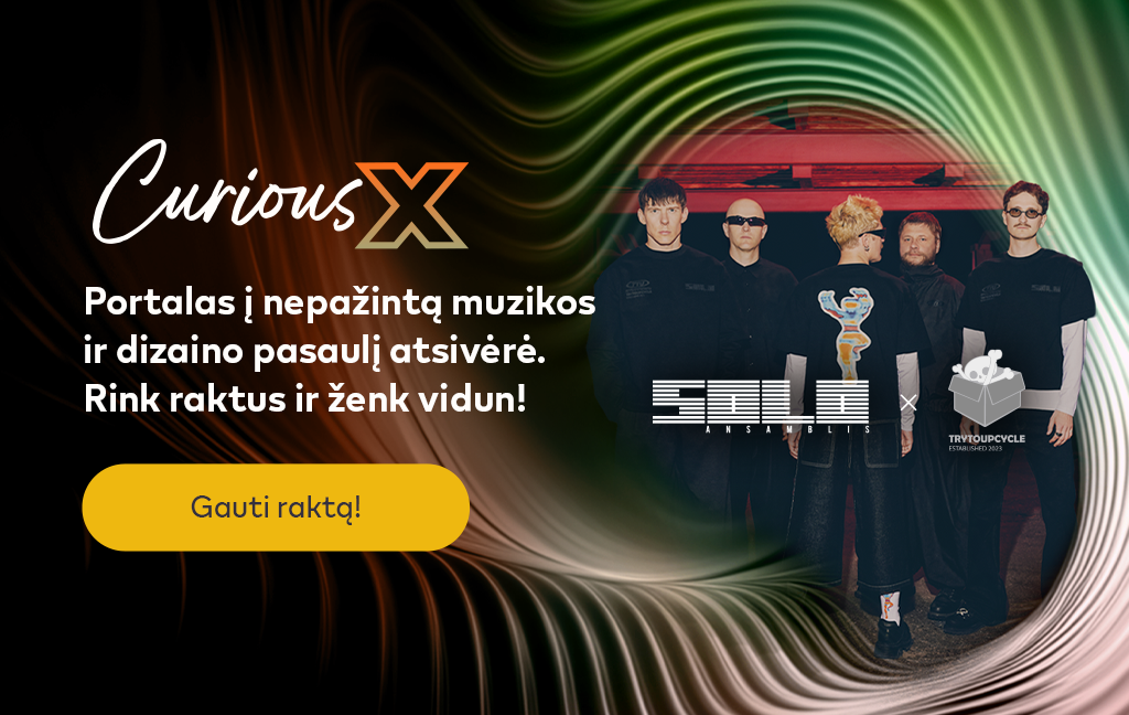„Curious X“ baneris su portalo stiliaus vizualu ir šių metų partnerių vizualu. Tekstas: „Portalas į naują muzikos ir meno pasaulį atsidarė. Rink raktus ir ženk vidun!“ Mygtukas: „Gauti raktą!“.