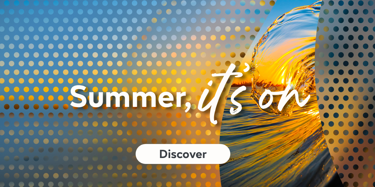 Banner with “Summer, it’s on” text and a “Discover” button.