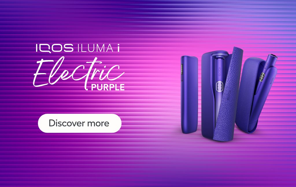 All IQOS ILUMA i Electric Purple devices in vibrant purple and pink background with the text IQOS ILUMA i Electric Purple and button Discover more.