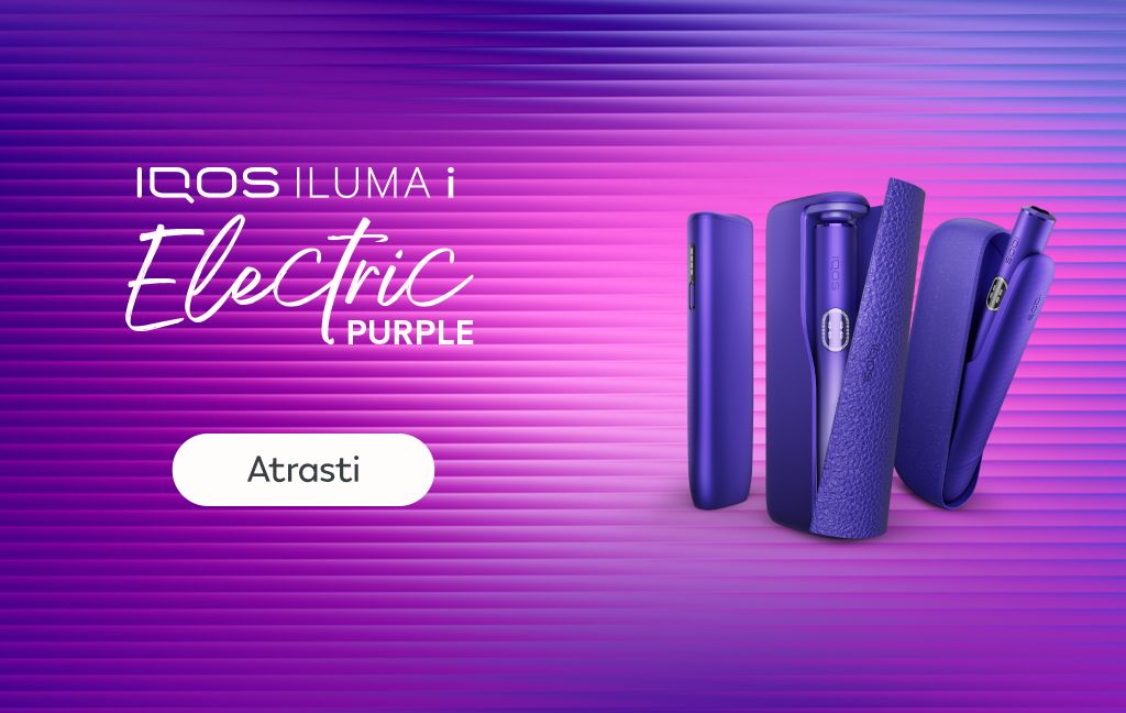 Visi IQOS ILUMA i Electric Purple įrenginiai ryškiame violetiniame ir rožiniame fone su užrašu „IQOS ILUMA i Electric Purple" ir mygtuku „Atrasti“.