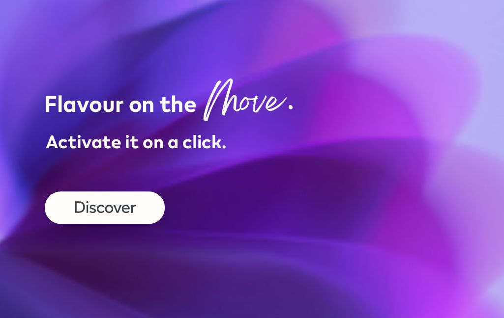 Banner with purple gradient background displaying the text “Flavour on the Move. Activate it on a click.” and a white “Discover” button.