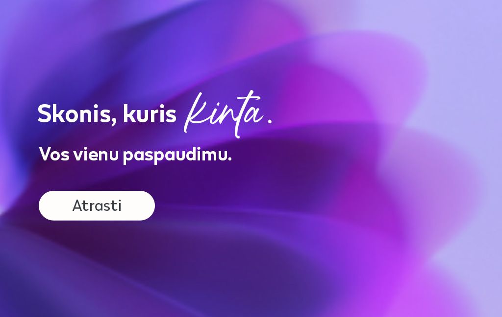 Baneris su purpurinio gradiento fonu, kuriame pateiktas tekstas „Skonis, kuris kinta. Vos vienu paspaudimu.“ ir baltas mygtukas, kuriame pateiktas tekstas „Atrasti“.