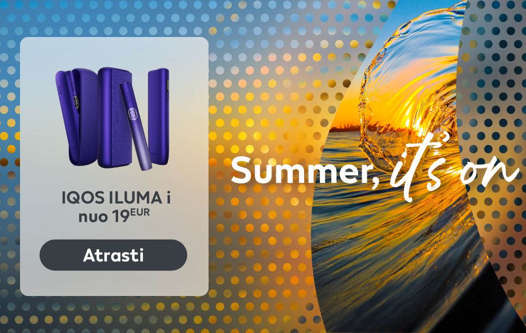 Baneris su pavaizduotais IQOS ILUMA i įrenginiais, tekstu „IQOS ILUMA i nuo 19 EUR“ ir mygtuku „Atrasti“.