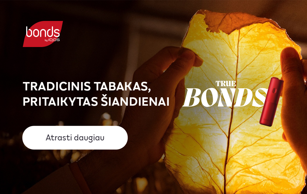 BONDS by IQOS įrenginys su tabako lapu fone.