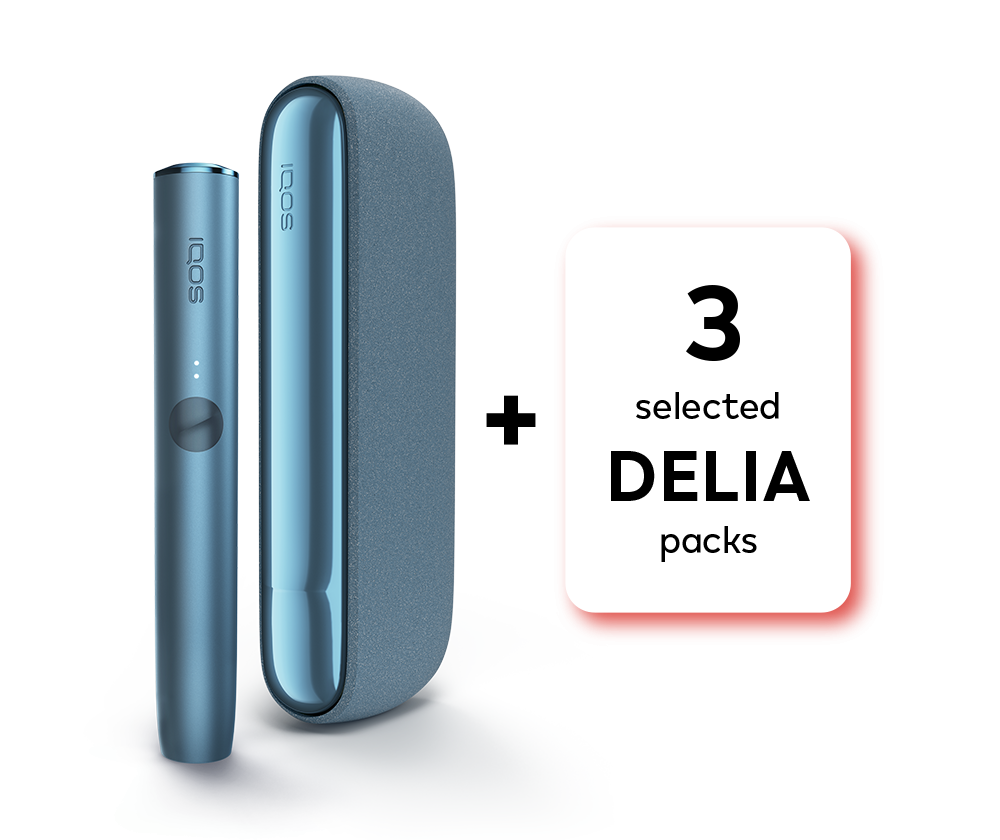 Heating set: IQOS ILUMA in Azure Blue color with 3 selected Delia packs
