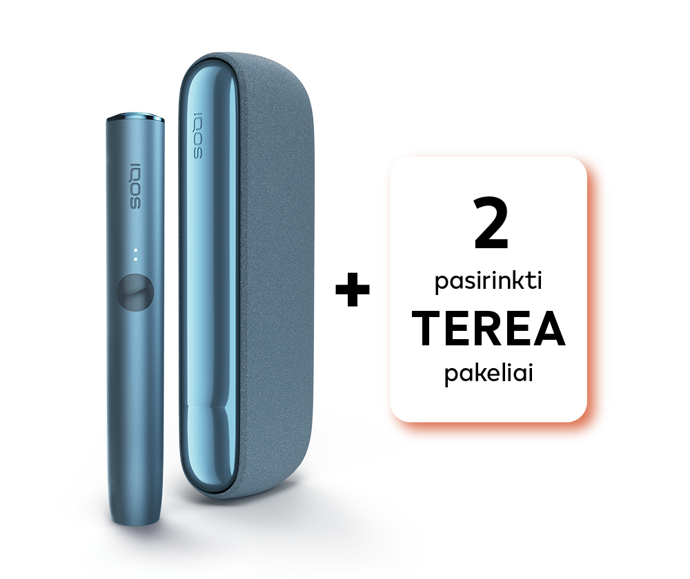 Kaitinimo rinkinys: IQOS ILUMA įrenginys Azure Blue spalvos su „2 pasirinktais Terea pakeliais“
