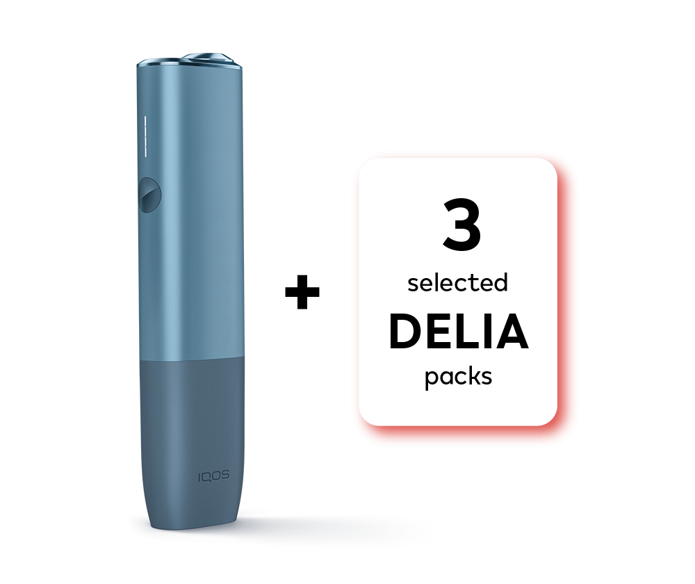 Heating set: IQOS ILUMA ONE in Azure Blue color with 3 selected Delia packs