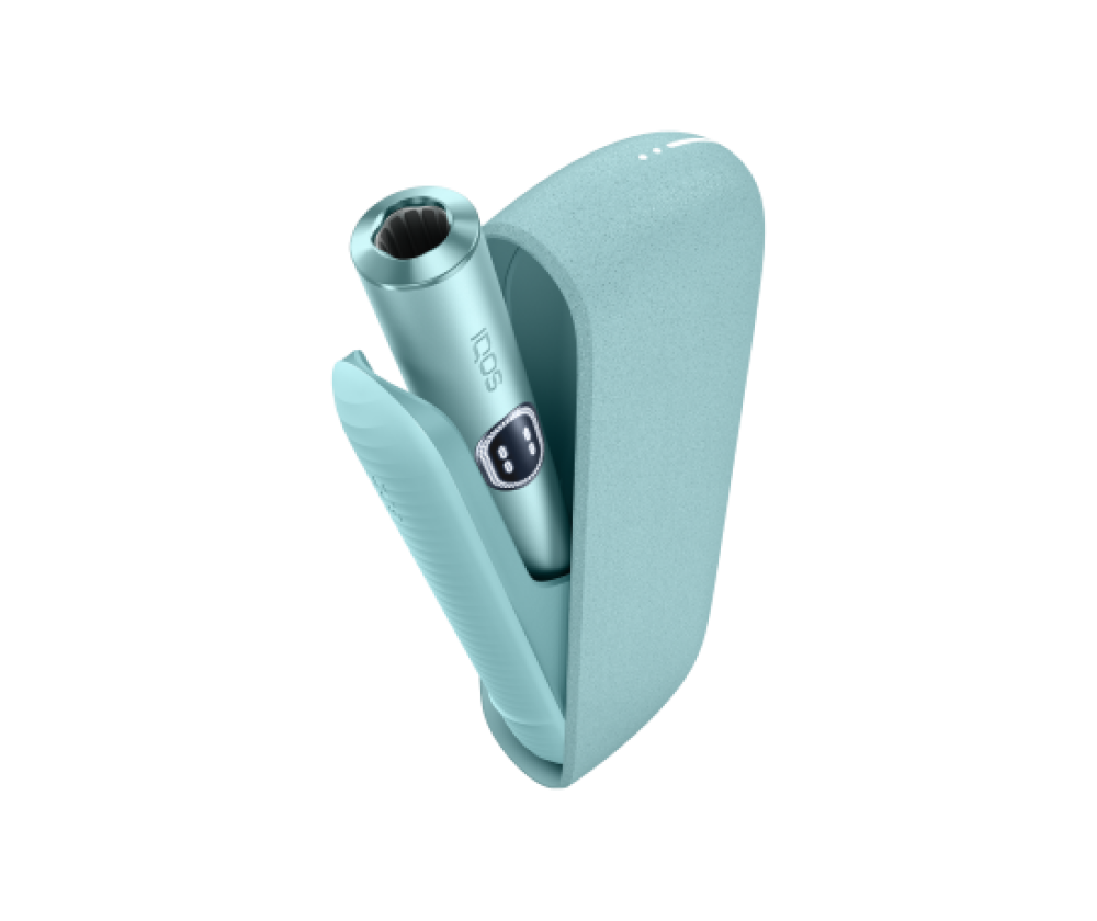 IQOS ILUMA i device in Breeze Blue color with open charger doors main