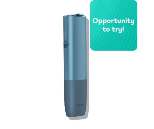 IQOS ILUMA ONE device in Azure Blue color with "Opportunity to try" text