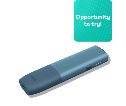 IQOS ILUMA ONE device in Azure Blue color with "Opportunity to try" text