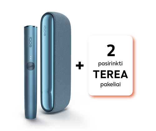 Kaitinimo rinkinys: IQOS ILUMA įrenginys Azure Blue spalvos su „2 pasirinktais Terea pakeliais“