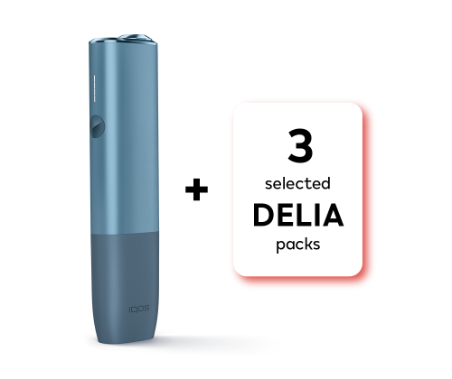 Heating set: IQOS ILUMA ONE in Azure Blue color with 3 selected Delia packs